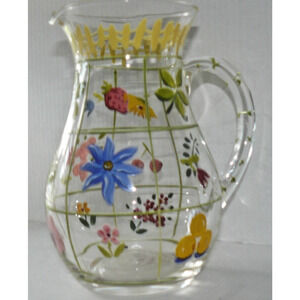 Vintage Hand Blown Pitcher Hand Painted Flowers Fruit Cottage Core